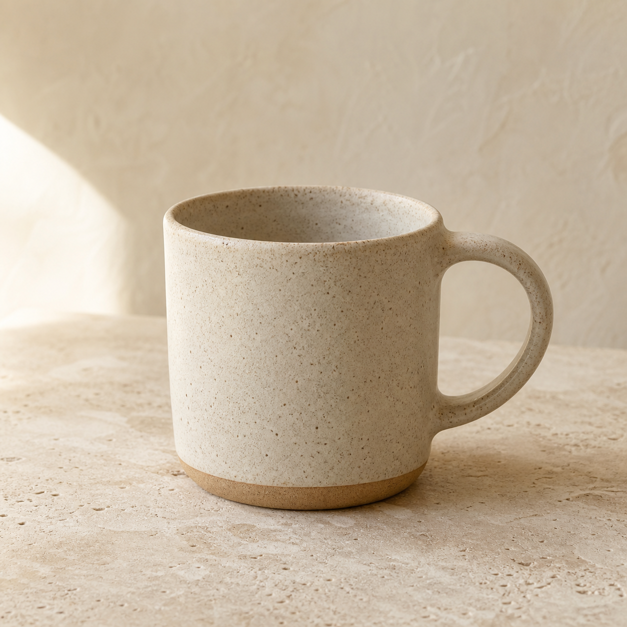 Speckled cream stoneware mug with matte finish and rounded handle, resting on a travertine surface in soft daylight.