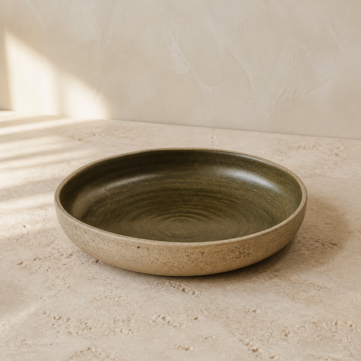 Wide, shallow stoneware bowl with a deep olive glazed interior and a speckled sand-coloured exterior.