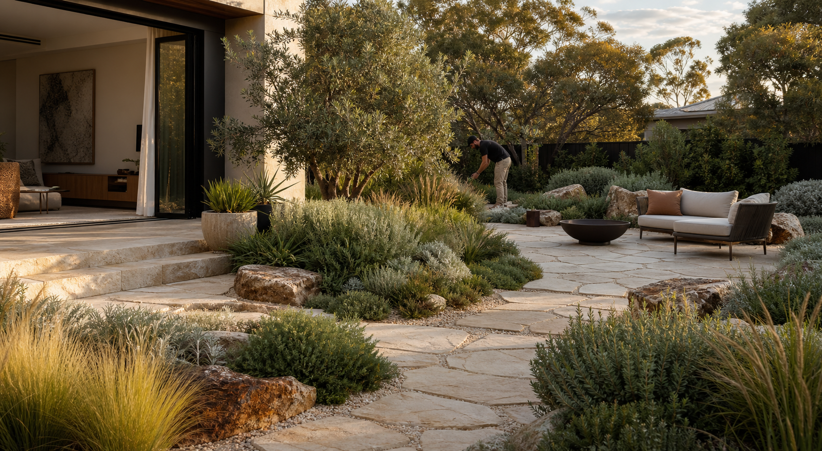 Contemporary Perth garden with limestone paving, native planting and an outdoor seating area