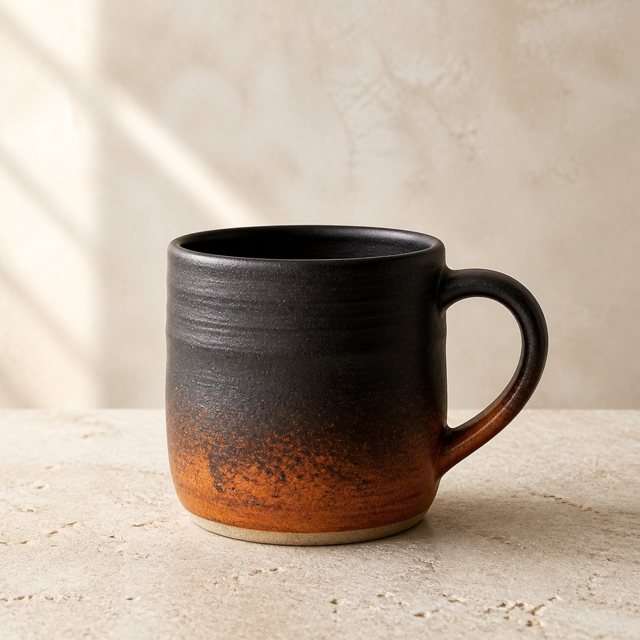 Stoneware mug that graduates from a matte black rim down into a warm ember-orange glaze at the base.
