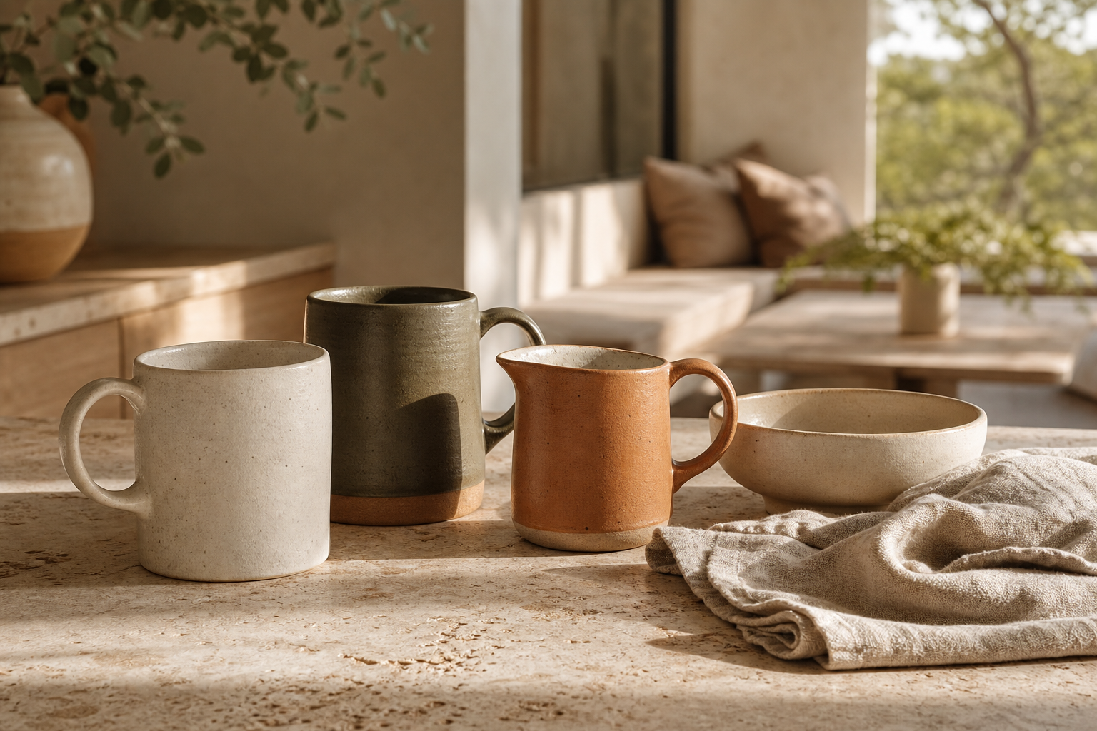 Four hand-finished ceramic vessels on a travertine surface in warm morning light.
